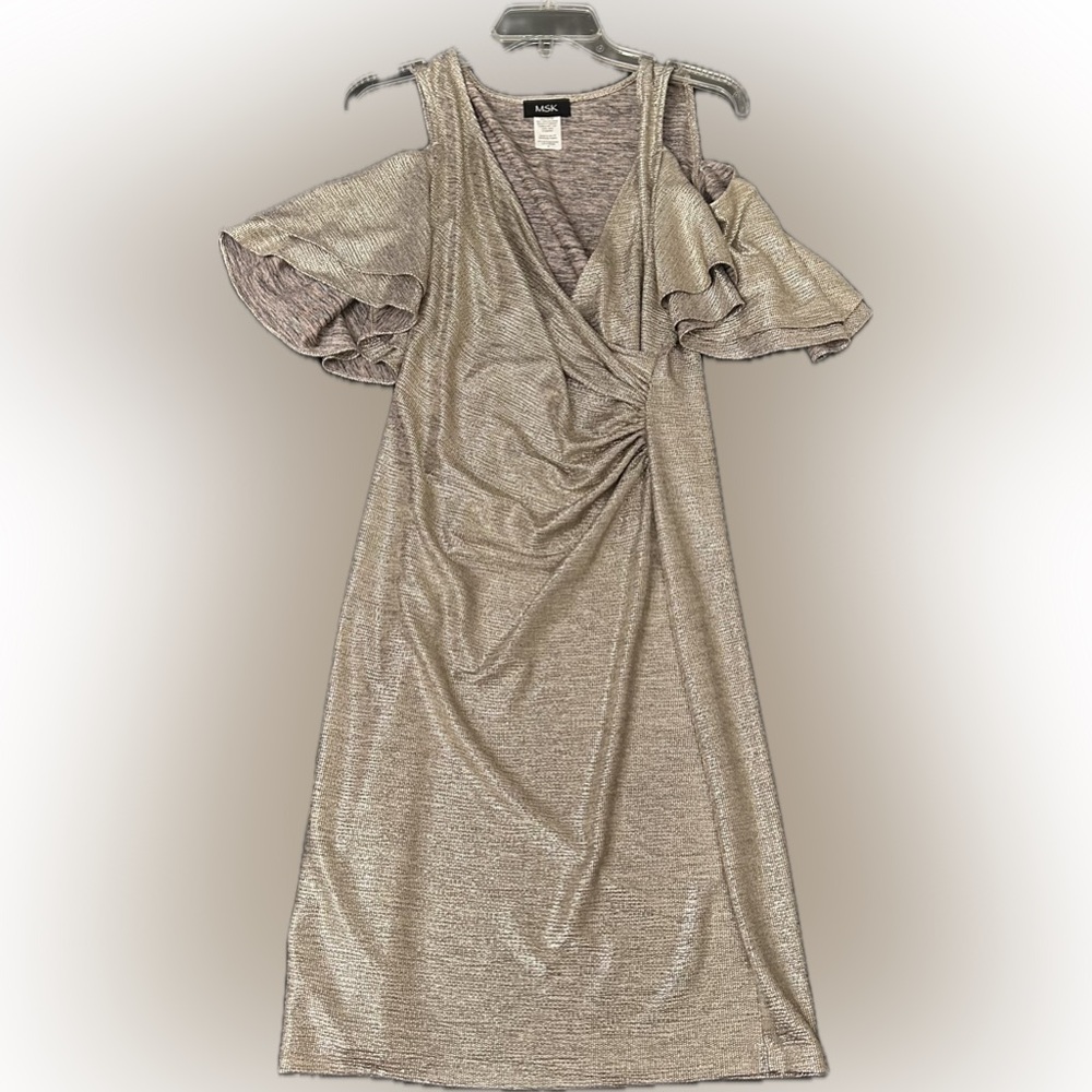MSK Shimmering Champagne  Ruched Side off-shoulder Flutter Sleeve Mini Dress.